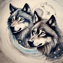 a drawing of two wolves with a circle of stars around them