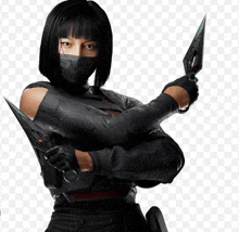 a woman wearing a mask and holding two knives