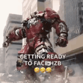 a giant robot is getting ready to face hzb .