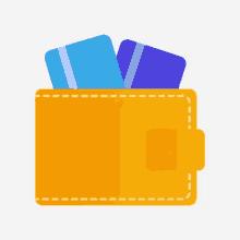 a yellow wallet with two blue and purple credit cards in it