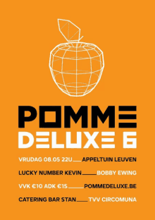 a poster for pommes deluxe g shows a white apple on an orange background