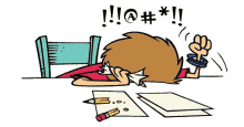 a cartoon of a boy laying on the floor at a desk with a pencil and papers .