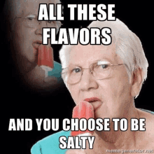 an elderly woman is eating a watermelon popsicle and making a meme .