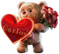 a teddy bear is holding a heart that says carlos