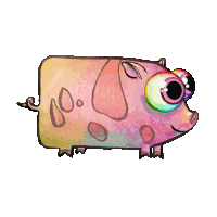 a cartoon drawing of a pig with a rainbow eye