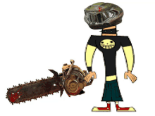 a cartoon character is holding a chainsaw and wearing a helmet with the letter p on it