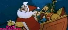 a cartoon of santa claus in a sleigh with the words " good housekeeping " below him