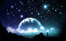 a person is standing on top of a hill under a starry night sky with a planet in the background .