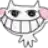 a black and white drawing of a cat with pink ears and a big smile .