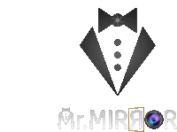 a mr. mirror logo with a bow tie and a camera