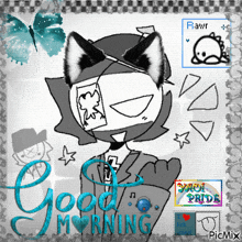 a drawing of a cat with the words good morning written on it