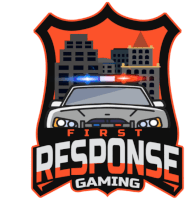 a logo for first response gaming with a police car in the background