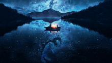 two people in a boat on a lake at night with mountains in the background