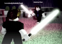 two roblox characters are fighting with lightsabers in a video game called somebody stole my toast