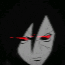 a drawing of a face with red eyes and a black background