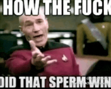 a man in a red shirt is pointing at the camera and says `` how the fuck did that spermman '' .