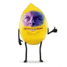 a lemon with arms and legs and a purple face is giving a thumbs up .