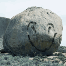 a large rock with a smiley face written on it