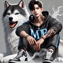 a man wearing a hoodie with the letter m on it sits next to a husky dog