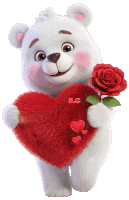 a white teddy bear holding a red heart with the letter a.c on it