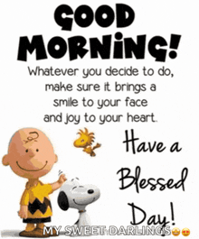 a good morning message with charlie brown and snoopy standing next to each other