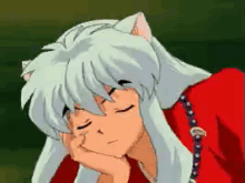 a cartoon character with a cat ear sleeping with his hand on his chin