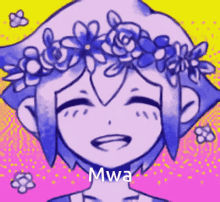a drawing of a girl with a flower crown on her head and the word mwa on the bottom .