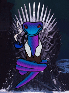 a blue and purple snake sitting on a throne with a pipe in its mouth