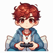 a boy with red hair is playing a video game with a controller