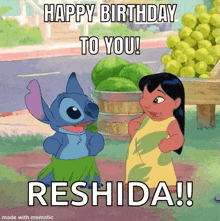 a stitch and a girl are standing next to each other and the words happy birthday to you reshida