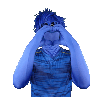 a person with blue hair making a heart with their hands