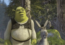 shrek and a donkey are standing next to each other in the woods