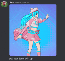 a picture of a girl with blue hair and the words pull your damn skirt up below her