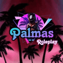 a logo for palmas roleplay with a woman in a helmet and palm trees in the background .