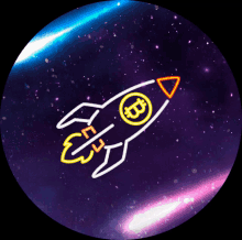 a neon sign of a rocket with a bitcoin symbol on it