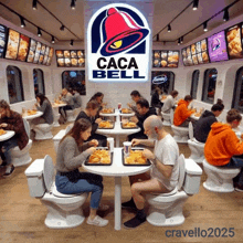 a group of people are sitting at tables in a taco bell restaurant