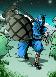 a cartoon of a ninja carrying a large bomb