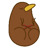 a cartoon drawing of a brown bird with a yellow beak and a red ribbon around its butt