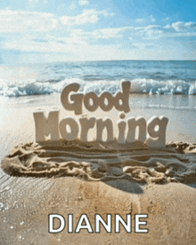 a picture of a beach with the words good morning dianne written in the sand