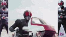 a man in a masked rider costume stands next to a motorcycle