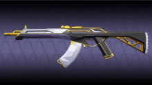 a purple and gold rifle with a purple lightning pattern behind it