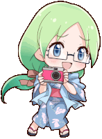 a girl with green hair is holding a camera