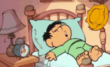 a cartoon character is sleeping in a bed with an alarm clock and a lamp