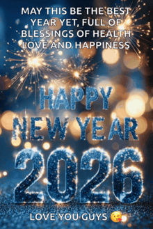 a happy new year 2026 greeting card with fireworks behind it