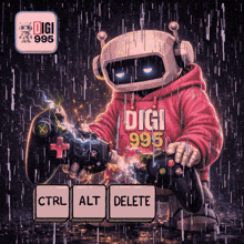 a robot wearing a red digi 999 hoodie is holding a game controller