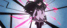 a girl with long black hair is standing in a room with pink lines coming out of her hair