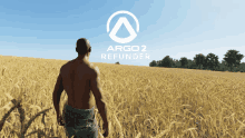 a shirtless man stands in a field with argo 2 refunder written on the bottom