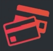 a red and black icon of a credit card on a black background .