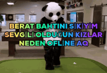 a panda mascot is standing in front of a pool table and says berat bahtini sikiyom