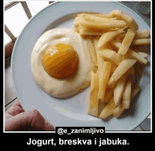 a white plate with a fried egg and french fries with a caption that says yogurt breska i jabuka